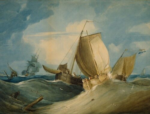Peinture maritime montrant plusieurs voiliers affrontant une mer agitée