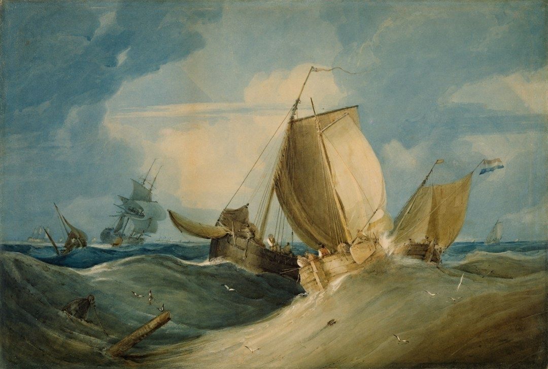 Peinture maritime montrant plusieurs voiliers affrontant une mer agitée